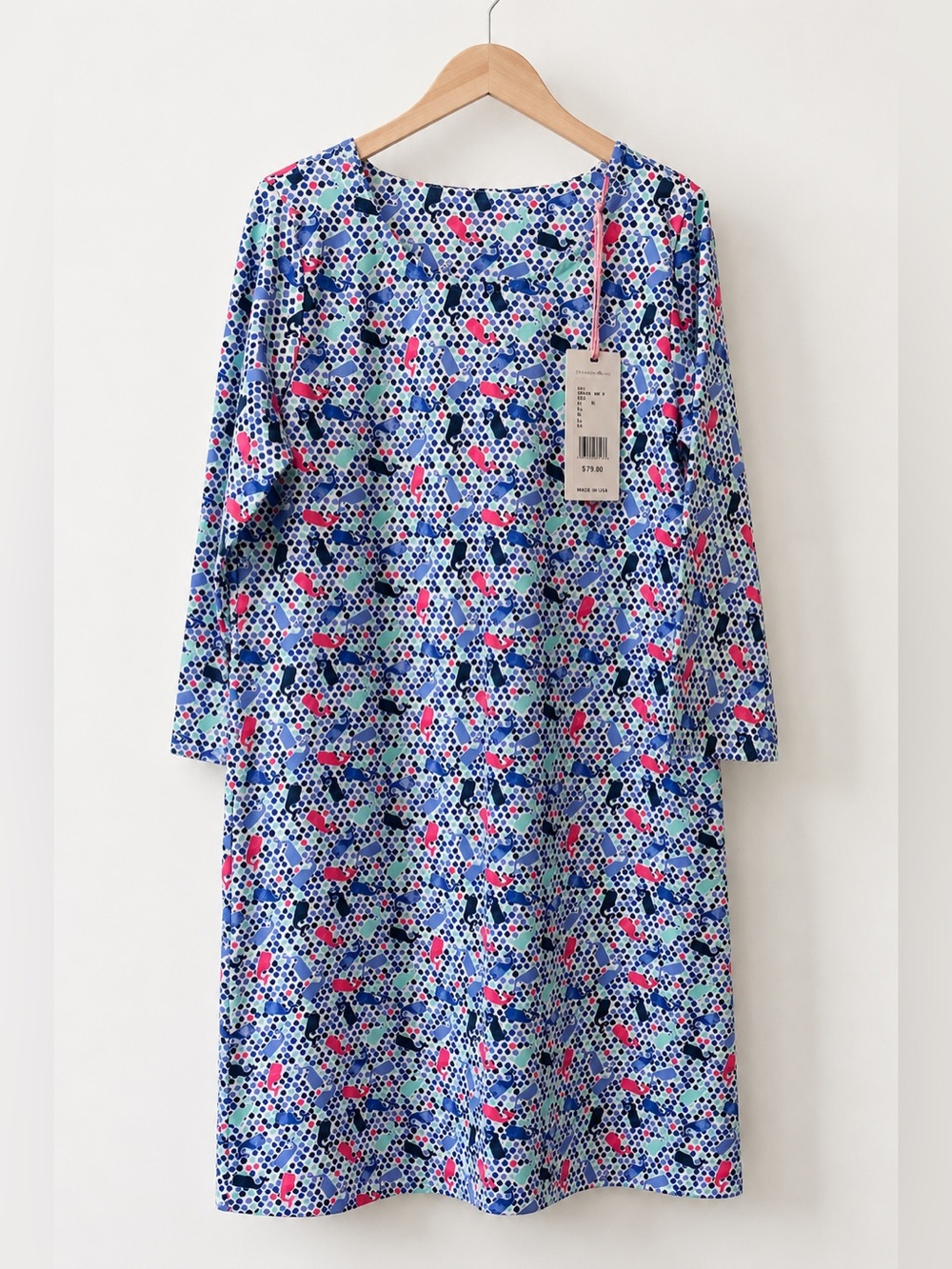 Vineyard Vines Girls Dress Whales Ocean 3/4 Sleeve Stretch Sz S (7-8) - NWT